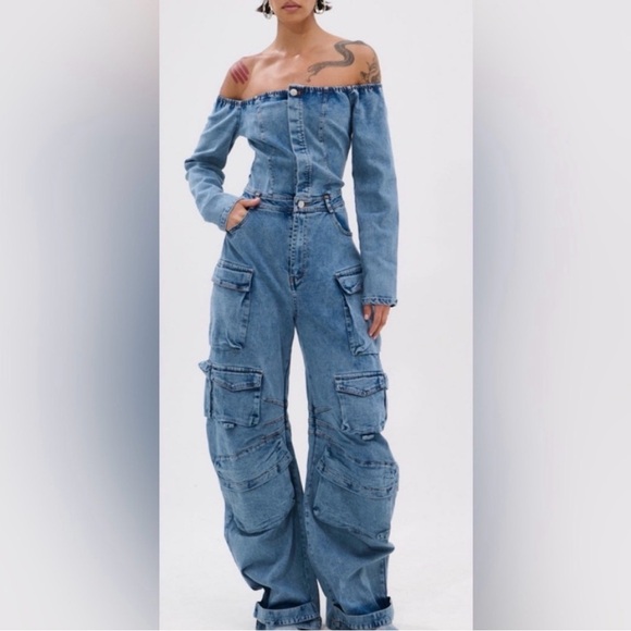 AKIRA Pants - AKIRA Blue Denim Off-Shoulder Utility Style Jumpsuit